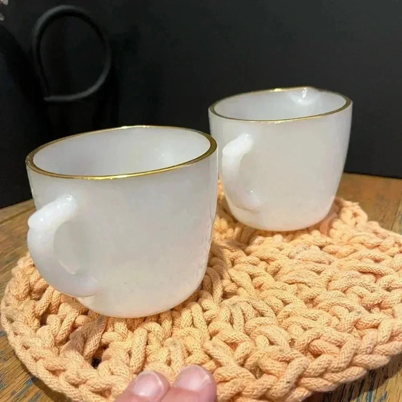 Vintage Fire-King Milk Glass Cups – Rose Motif & Gold Rim (Set of 2) - Picture 4 of 9